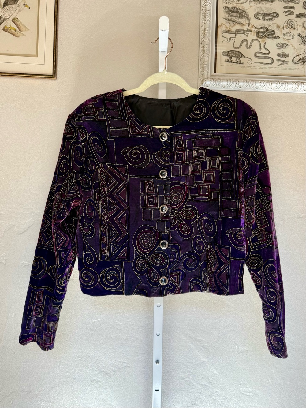 Vintage 90s Purple Patterned Velvet Button-Front Women's Jacket